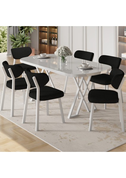 Axton Serisi Sabit Mdf 90X168 Beyaz Mutfak Masa Takımı 6 Siyah Sandalye