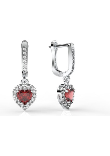 925 Ayar Lal Taşlı Rodyum Pırlanta Işıltılı Sallantılı Kalp Gümüş Küpe modelleri