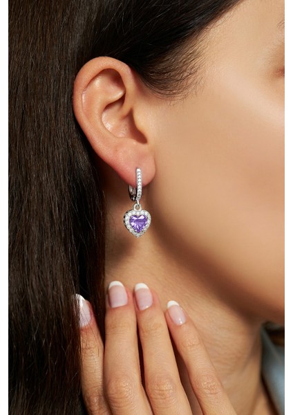925 Ayar Ametist Taşlı Rodyum Pırlanta Işıltılı Sallantılı Kalp Gümüş Küpe fiyatları