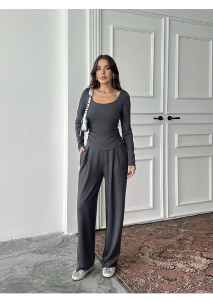 Antrasit Kare Yaka Büzgülü Modal Takım