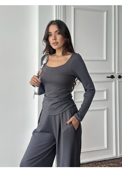 Antrasit Kare Yaka Büzgülü Modal Takım modelleri