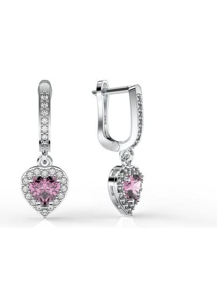 925 Ayar Pembe Taşlı Rodyum Pırlanta Işıltılı Sallantılı Kalp Gümüş Küpe modelleri