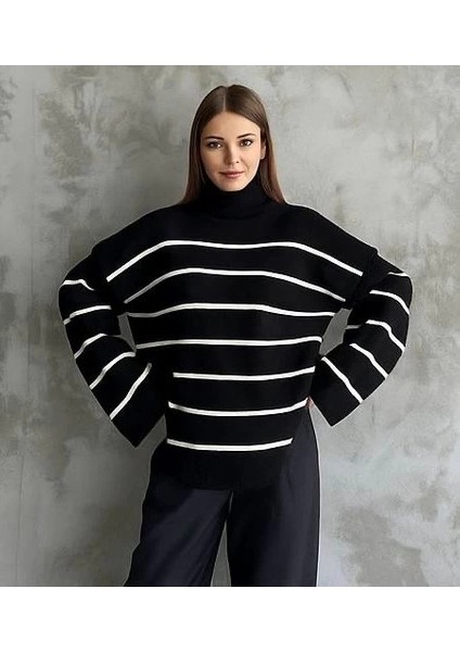 Çizgili Ispanyol Kol Triko Boğazlı Kazak Siyah