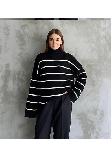Çizgili Ispanyol Kol Triko Boğazlı Kazak Siyah fiyatları