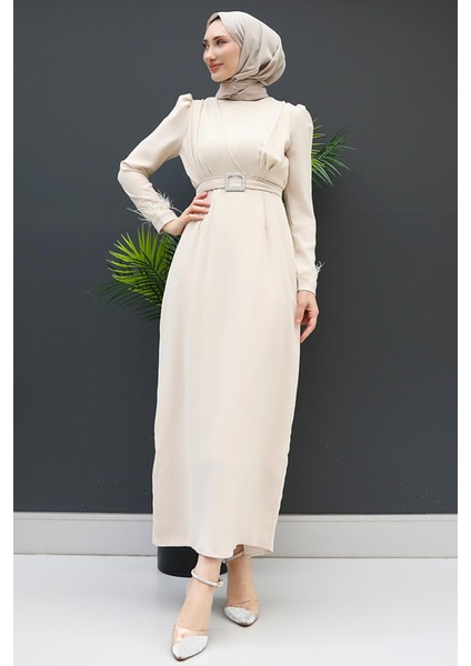 Tüy Detay Tesettür Elbise Krem