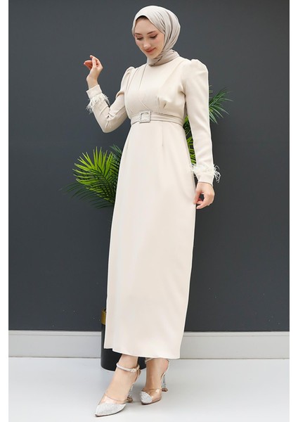 Tüy Detay Tesettür Elbise Krem fiyatları