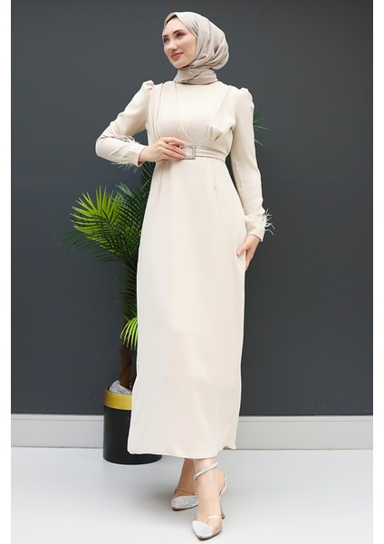 Tüy Detay Tesettür Elbise Krem modelleri