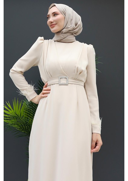 Tüy Detay Tesettür Elbise Krem indirimleri