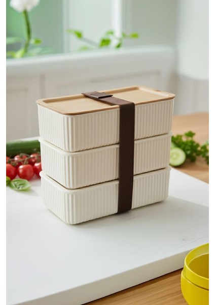 Valverdi - 3'lü 7 Parça Beslenme Kabı Saklama Kabı Bambu Görünüm