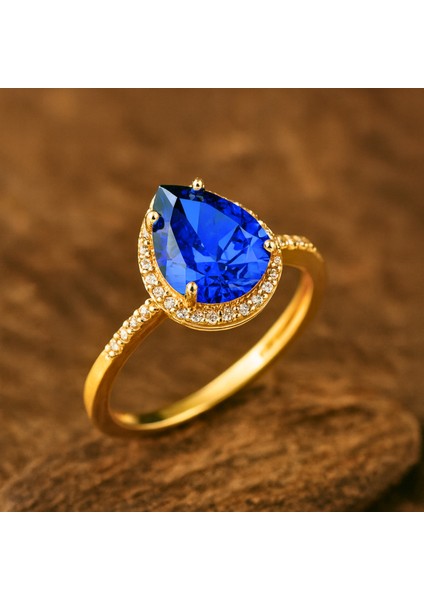 14 Ayar Altın Damla Kesim Mavi Safir Yüzük