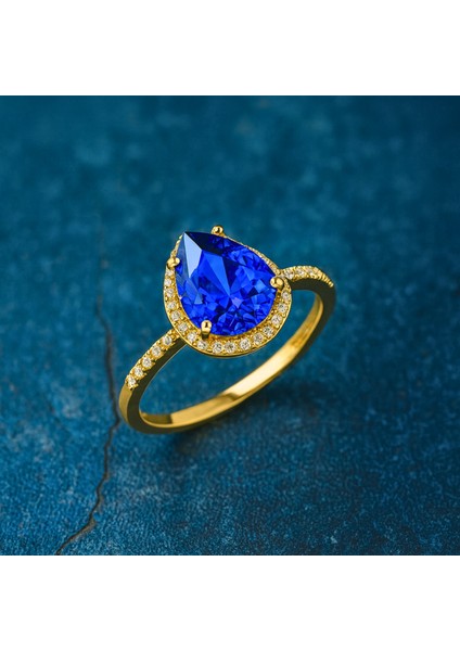 14 Ayar Altın Damla Kesim Mavi Safir Yüzük