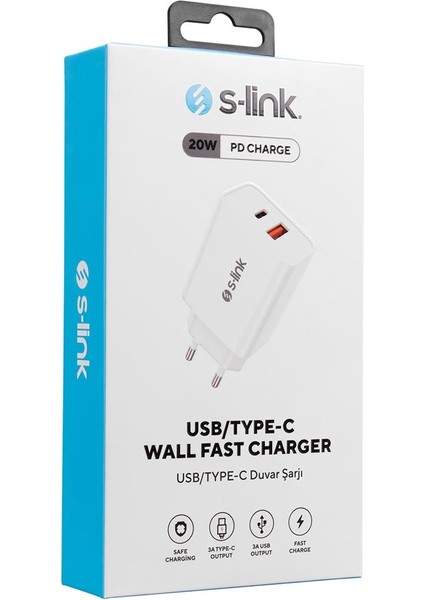 SL-EC60 20W PD3.0-Quick Charge QC3.0 Type USB-C +USB A Hızlı Beyaz Ev Şarj Adaptör