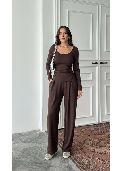 Kahve Kare Yaka Büzgülü Modal Takım