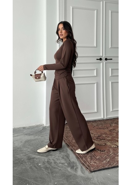 Kahve Kare Yaka Büzgülü Modal Takım modelleri