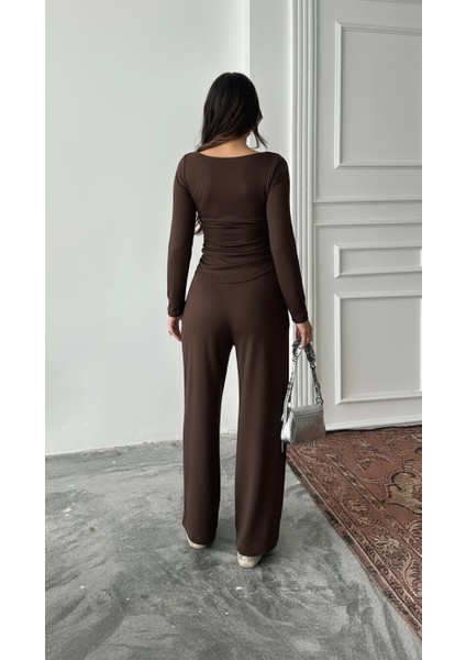 Kahve Kare Yaka Büzgülü Modal Takım fırsatları