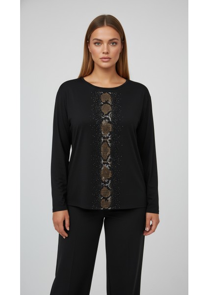 Taş Desenli Uzun Kollu Bambu Viskon Kumaş Bluz