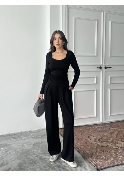 Siyah Kare Yaka Büzgülü Modal Takım