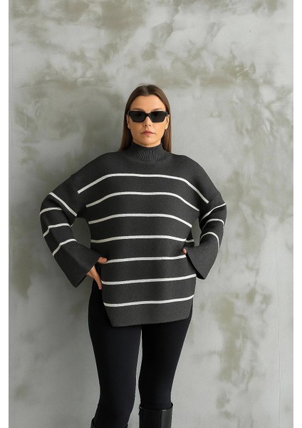 Çizgili Ispanyol Kol Triko Boğazlı Kazak Antrasit modelleri