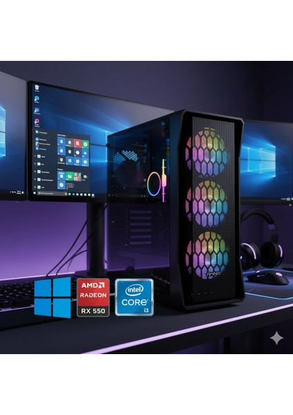 Intel I3 12100F 16 GB Ram 256 GB SSD RX550 2gb WIN11 Pro Wıfı +Kulaklık+Klavye Mouse Oyuncu Kasası