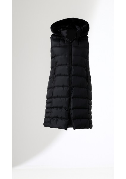 Kürk Detay Kapüşonlu Büyük Beden Şişme Yelek