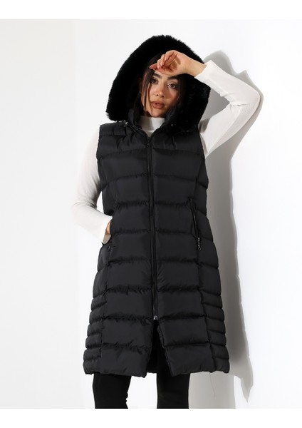 Kürk Detay Kapüşonlu Büyük Beden Şişme Yelek