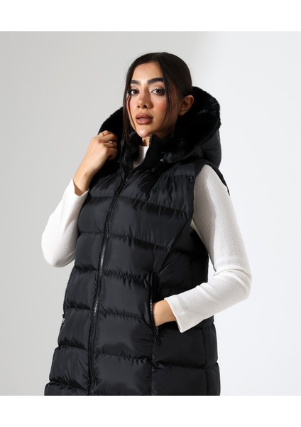 Kürk Detay Kapüşonlu Büyük Beden Şişme Yelek