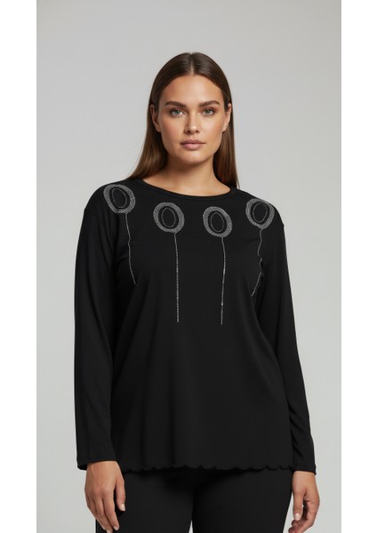 Taş Desenli Uzun Kollu Bambu Viskon Kumaş Bluz