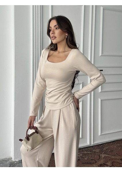 Bej Kare Yaka Büzgülü Modal Takım modelleri