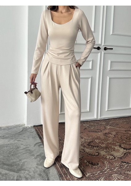 Bej Kare Yaka Büzgülü Modal Takım fırsatları