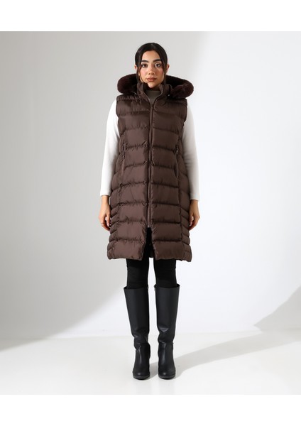 Kürk Detay Kapüşonlu Büyük Beden Şişme Yelek