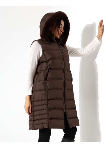 Kürk Detay Kapüşonlu Büyük Beden Şişme Yelek