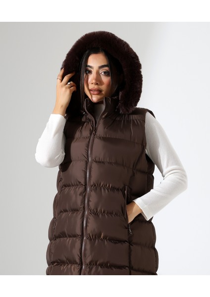 Kürk Detay Kapüşonlu Büyük Beden Şişme Yelek