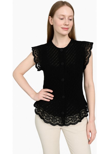 Kadın Bluz | Dantelli Düğme Detaylı Yelek Model | Siyah