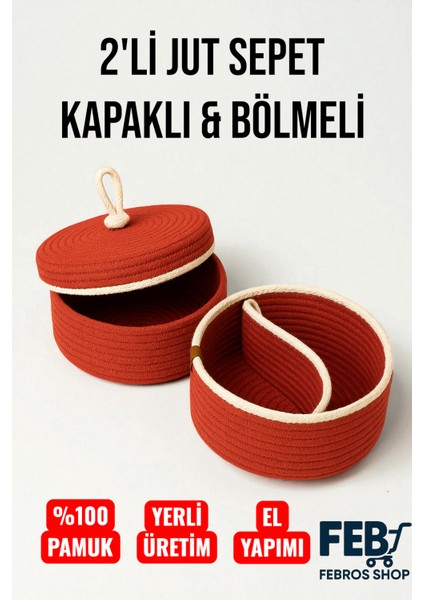 2’li Jüt Sepet Seti Kapaklı Bölmeli %100 Pamuk El Yapımı Organizer Sepet Çok Amaçlı Saklama Kutusu