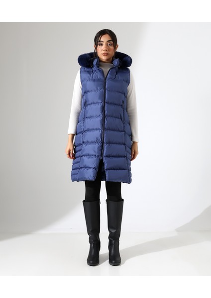 Kürk Detay Kapüşonlu Büyük Beden Şişme Yelek