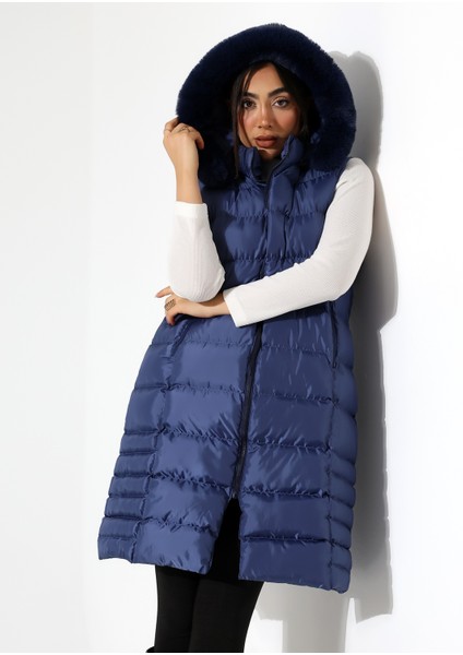 Kürk Detay Kapüşonlu Büyük Beden Şişme Yelek