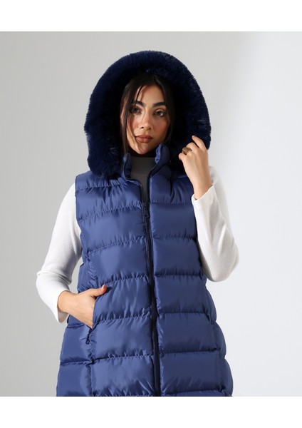 Kürk Detay Kapüşonlu Büyük Beden Şişme Yelek