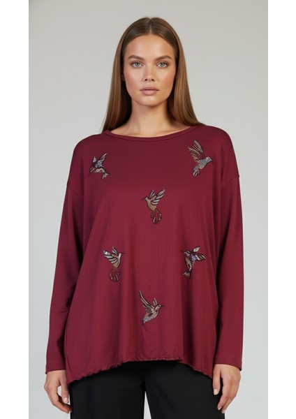 Taş Desenli Uzun Kollu Bambu Viskon Kumaş Bluz