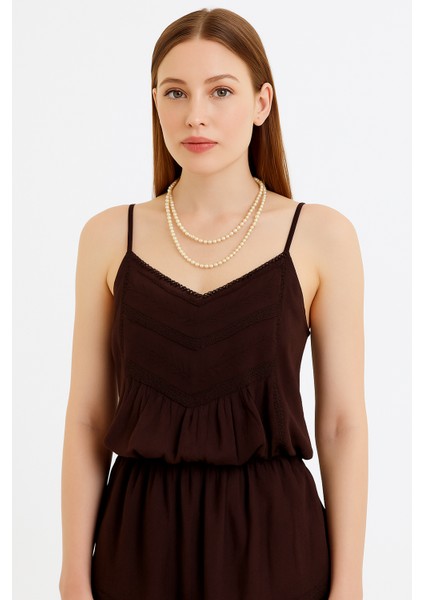 Kadın Ip Askılı Bluz | Dantel Detaylı | Ayarlanabilir Askı | Kahve