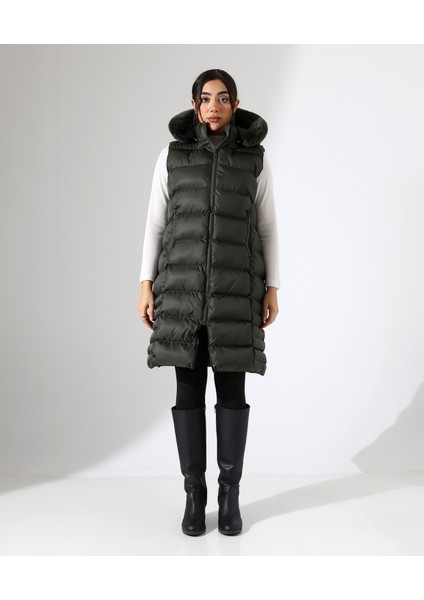 Kürk Detay Kapüşonlu Büyük Beden Şişme Yelek