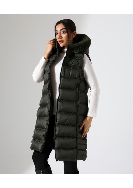 Kürk Detay Kapüşonlu Büyük Beden Şişme Yelek modelleri