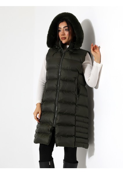 Kürk Detay Kapüşonlu Büyük Beden Şişme Yelek