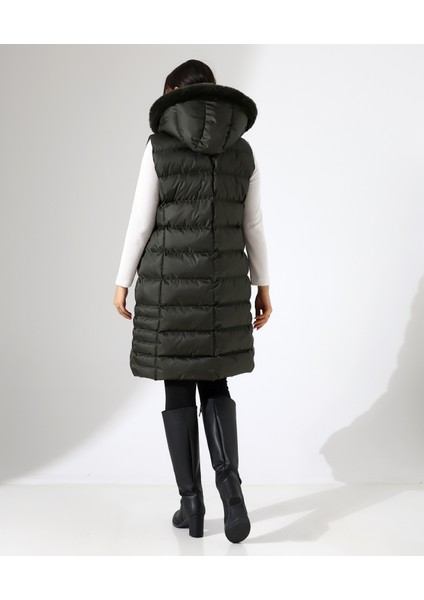 Kürk Detay Kapüşonlu Büyük Beden Şişme Yelek