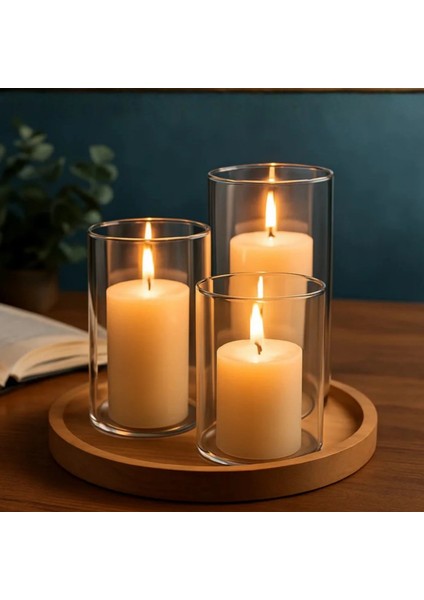 3 Lü Cam Vazo Silindir Mumluk Seti, Dekoratif Mumluk , Vazo