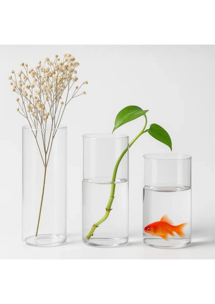 3 Lü Cam Vazo Silindir Mumluk Seti, Dekoratif Mumluk , Vazo fırsatları