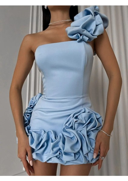 Omuz ve Etek Büzgülü Mavi Korse Elbise , Mavi Saten Abiye Elbise ,mezuniyet Elbisesi