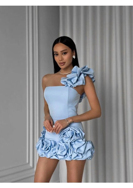 Omuz ve Etek Büzgülü Mavi Korse Elbise , Mavi Saten Abiye Elbise ,mezuniyet Elbisesi modelleri