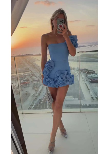 Omuz ve Etek Büzgülü Mavi Korse Elbise , Mavi Saten Abiye Elbise ,mezuniyet Elbisesi indirimleri