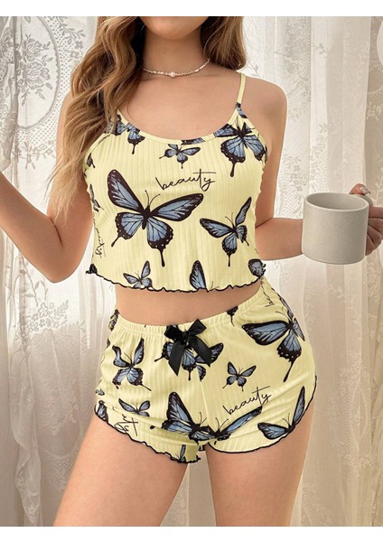 Kadın Kelebek Desenli Ince Askılı Yumuşak Dokulu Kısa Pijama Takımı – Ev Rahatlığı Için Hafif ve Esnek Set modelleri