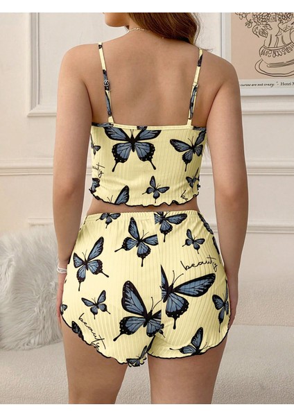 Kadın Kelebek Desenli Ince Askılı Yumuşak Dokulu Kısa Pijama Takımı – Ev Rahatlığı Için Hafif ve Esnek Set indirimleri